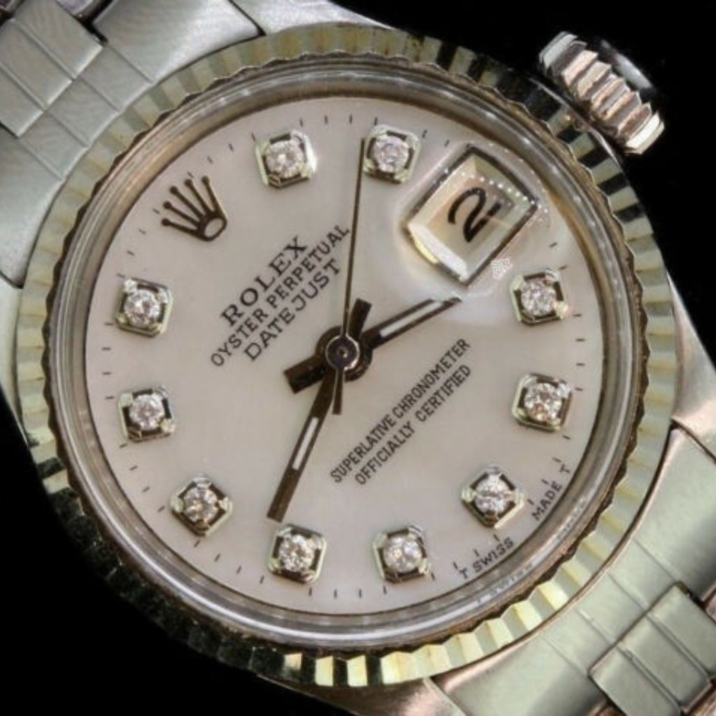 Rolex Ladies Datejust Date Oyster Steel Diamond Dial 14k White Gold Bezel Watch